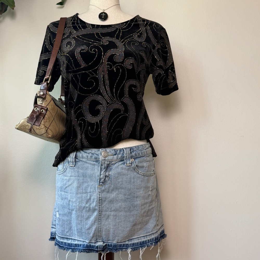 Notations Black Velvet Gold Swirl Paisley Short Sleeve Top Small 90s whimsigoth